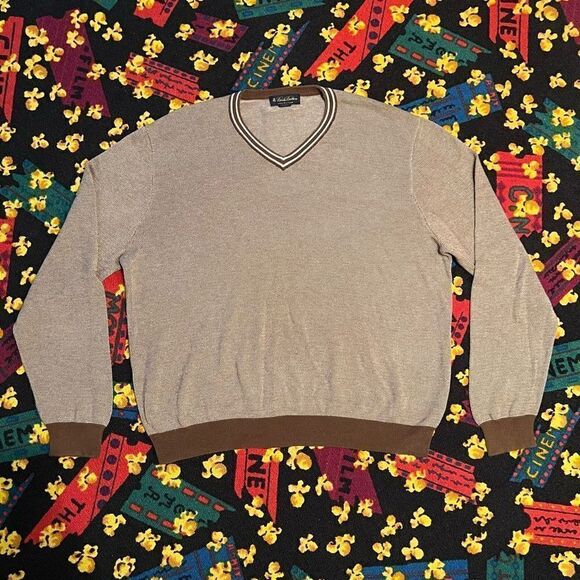Mens BROOKS BROTHERS Tan Supima Cotton V-Neck Sweater / Size XL - Picture 1 of 4